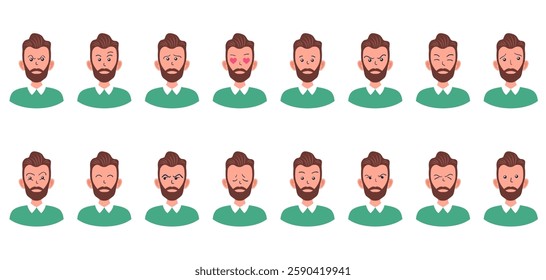 Portraits of man. Boy Avatar. Happy, sad, angry, surprised, pleased, upset, proud faces of men. Male emotions. Facial expression. Happiness, confidence, sadness, anger, surprise. Vector character.