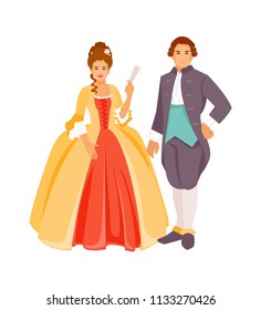 Portraits Of A Man And A Woman In 18th Century Costumes. Vector Illustration