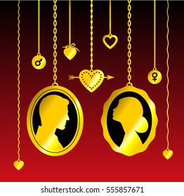 Portraits of man and woman hanging on the chains, with hearts, arrows and symbols of mars and venus. Gold on dark red background. Vector conceptual illustration about love and romantic relationship