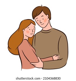 Portraits of a man and a woman in love. Valentine's day or love story. The guy hugs the girl. Vector illustration in hand drawn style.