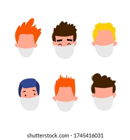 Portraits of masked men and women isolated on a white background. Coronavirus 2019-nCoV outbreak. Pandemic epidemiology concept. Vector flat illustration