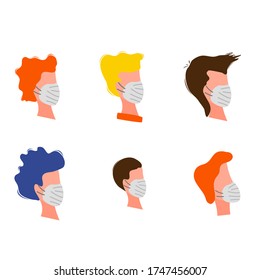 Portraits of masked men and women isolated on a white background. Coronavirus 2019-nCoV outbreak. Pandemic epidemiology concept. Vector flat illustration