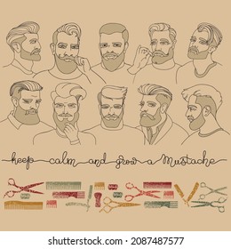  Portraits of men with a beard. Set of linear people and barber tools on light background. Scissors, razor, comb. Hipster man with stylish haircut. Line art style. Outline vector illustration.