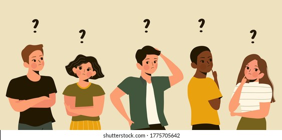 Portraits men and women thinking or solving problem. Pensive boys and girls surrounded with question mark vector illustration. People is confusing concept