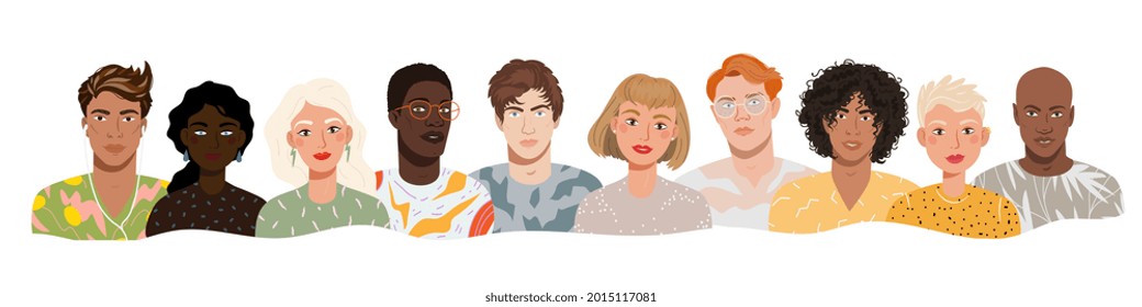 Portraits of modern young diverse people standing together. Banner of stylish people group. Boys and girls different nationality set. Vector flat cartoon illustration of trendy people avatars