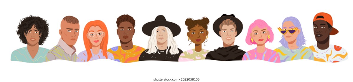 Portraits of modern young diverse people standing together. Banner of stylish people group. Boys and girls different nationality set. Vector flat cartoon illustration of trendy people avatars