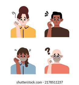 Portraits of multicultural thoughtful people with mask. Bundle of smart boy and girl thinking or solving problem.  Flat style vector illustration
