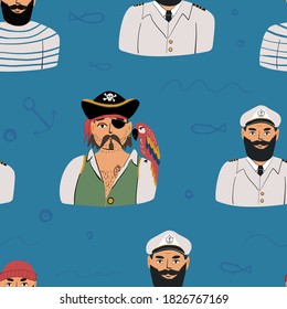 Portraits of a ocean conquerors seamless pattern on blue background with doodle bubbles and fish. A fisherman in a striped vest, a pirate with a parrot on his shoulder, a captain in a marine uniform.