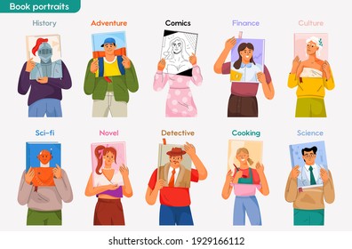 Portraits on covers of books set. People read books of different genres - history, adventure, comics, finance, culture, sci fi, novel, detective, cooking, science. Vector character illustration