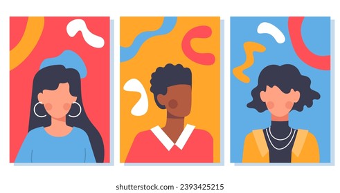 Portraits on covers set. Abstract flyers with women and man. Fashion magazine templates. Elegance, beauty and aesthetics. Cartoon flat vector collection isolated on white background