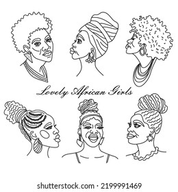 Portraits Oneline Style Beautiful African Women In Traditional Turban, Kente Head Wrap African, Black Women Vector Silhouette Isolated Sketch, Hairstyle Concept