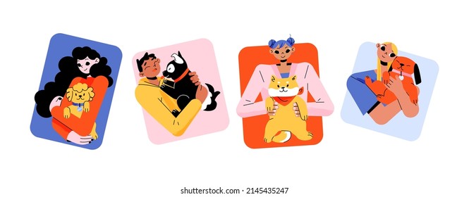 Portraits of owners with pets. People hold and hug dogs and cats. Vector flat illustration of happy women and man characters with domestic animals. Set of pet owners avatars