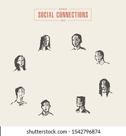 Portraits of people. Concept of social connections. Hand drawn vector illustration, sketch