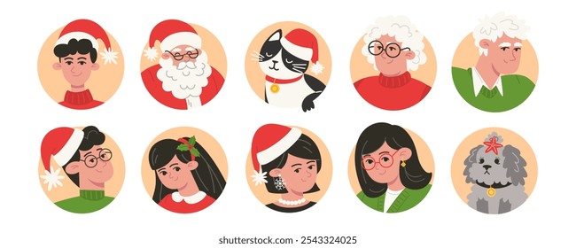 Retratos de personas de diferentes edades en trajes de Navidad con sus mascotas, ícono de perfil, avatar