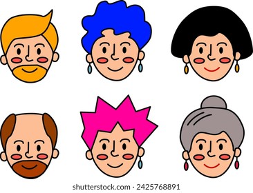 Portraits of people of different genders and ages. Young guy, young girl, middle-aged woman, grown man, gay, lesbian, older woman