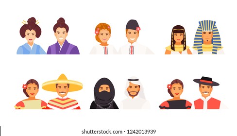 Portraits of people of different nationalities. Japanese, Ukrainian, Egyptian, Mexican, Arabic and historical costumes. Vector avatars