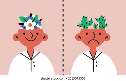 Porträts von Menschen mit Blumen und Kakteen wie Gehirnen. Konzept: psychologische Hilfe, psychische Gesundheit, Depression, Psychologie, Therapie. Stock-Vektorgrafik-Abstraktes Poster. С Vergleich: vor, nach