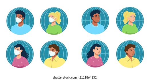 Portraits of people of four different ethnicities with and without medical surgical masks, on globe background. Diversity social concept. Editable avatar, infographic cartoon vector set