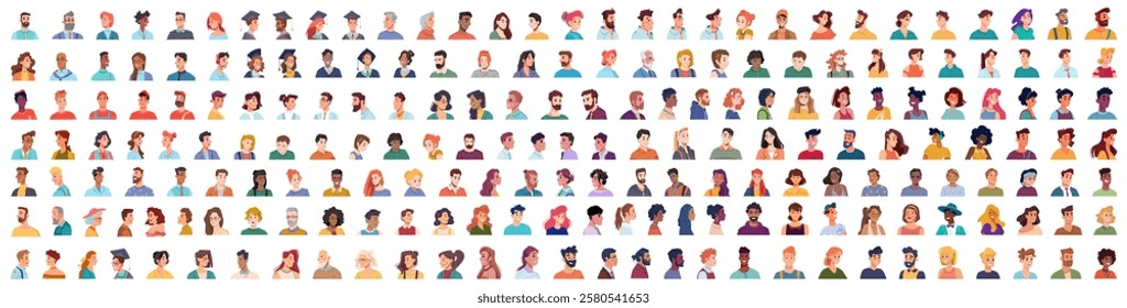 Portraits of people in front, full face and profile side view. Vector personages of different nationalities, religious classes and social statuses. Isolated avatars icons of cartoon characters