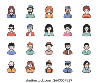 Portraits of people full color with black outline stroke. Vector pictures of persons of different occupation and genders.