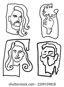 Portraits of people in a linear style. Black and white illustration. Vector isolated on white background.