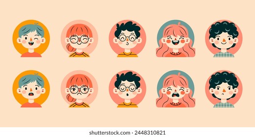 Portraits of people. Various faces, emotions and hairstyles. 5 pairs of funny characters. Avatar, cute comic faces. Hand drawn vector illustrations.