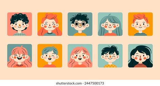 Portraits of people. Various faces and hairstyles. Funny characters. Avatar, cute comic style. Hand drawn vector illustrations.