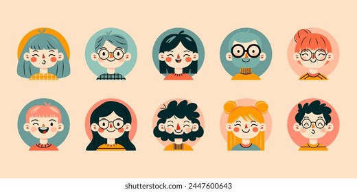 Portraits of people. Various faces and hairstyles. Funny characters. Avatar, cute comic style. Hand drawn vector illustrations.