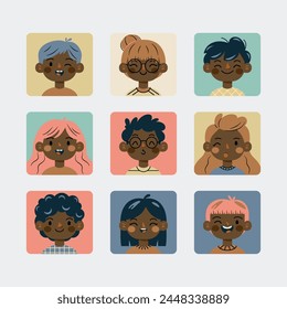 Portraits of people. Various faces and hairstyles. Funny characters. Avatar, cute comic style. Hand drawn vector illustrations.