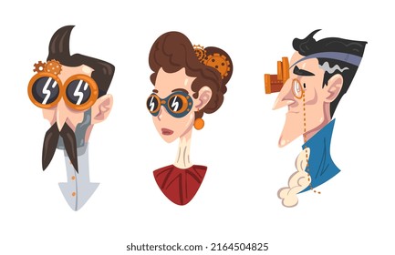 Portraits of people wearing steampunk glasses and monocle cartoon vector illustration