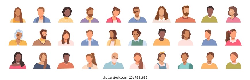 Portraits of people without faces. Vector pictures of persons of different nationalities and genders. Teenagers, adults and aging populations. Individuals of different professions and class levels