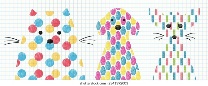 Portraits of pets. Abstract domestic dog heads set. Geometric pattern