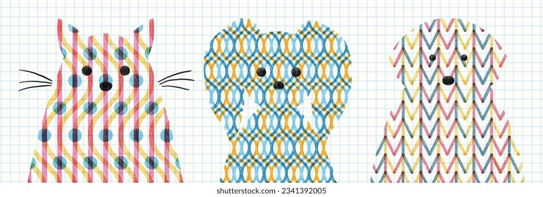 Portraits of pets. Geometric pattern. Abstract domestic dog heads set
