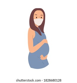 Portraits of pregnant young woman in blue dress with face mask to protect against the virus isolated on white background. Flat cartoon vector hand drawn illustration.