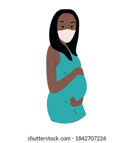 Portraits of pregnant young woman in blue dress with face mask to protect against the virus isolated on white background. Flat cartoon vector hand drawn illustration.