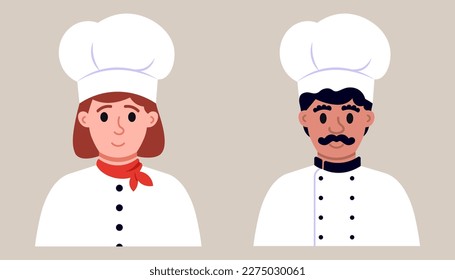 Portraits Of Restaurant Chiefs. Woman And Man Professional Vector Illustration In Flat Style