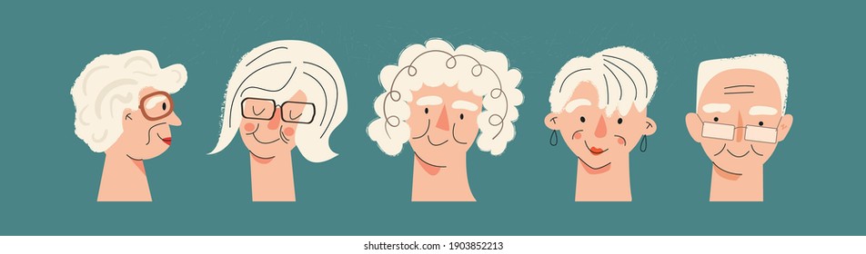 Portraits of senior people Set of mature adult avatar Elderly character Old men and women. Joyful aged friends smiling. Grandfather and grandmother modern flat vector illustration for poster, card