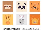 Portraits set of cute hand drawn wild baby safari animals design illustration. Tiger, panda, sloth, lion, zebra, giraffe. Simple, cartoon flat style.