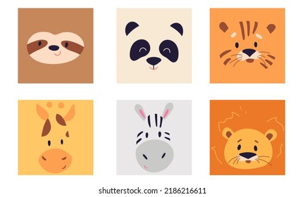 Portraits set of cute hand drawn wild baby safari animals design illustration. Tiger, panda, sloth, lion, zebra, giraffe. Simple, cartoon flat style.