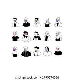 Portraits set. Different people of different identities. Face masks with different pride flags. Monochrome black and white flat illustration.