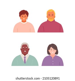 Retratos de personas de mediana edad y mayores de diferentes nacionalidades y apariencias. Vectores avatares