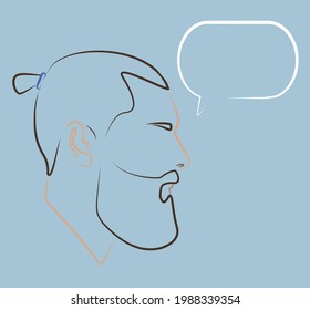 Portraits. Silhouette of bearded guy with dialogue speech bubble. Linear avatar. Conversation. Dialogue. Bearded man. Flat illustration of face. Head icon.