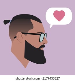 Portraits. Silhouette Of Bearded Guy In Sunglasses With Dialogue Speech Bubble. Conversation. Dialogue. Bearded Man. Male Head In Glasses With Top Knot Hair On Pink Background.