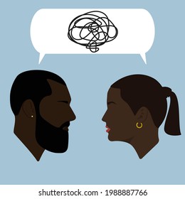 Portraits. Silhouettes of black people with dialogue speech bubbles. Bearded black guy and black girl in conflict. Conversation. conflicting behavior. Conflict communication