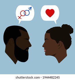 Portraits. Silhouettes of people with dialogue speech bubbles. Dating. Black guy and girl. Talking people. Conversation. Heart and gender sign.