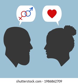 Portraits. Silhouettes of people with dialogue speech bubbles. Heart and gender sign. Bearded guy and girl in Love. Lovers. Conversation.