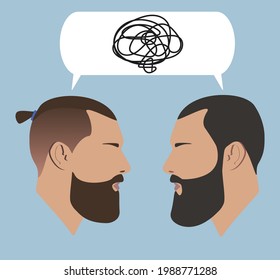 Portraits. Silhouettes of people with dialogue speech bubbles. Two bearded guys in conflict. Conversation. conflicting behavior. Conflict communication