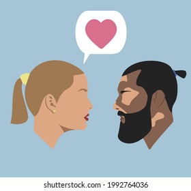 Portraits. Silhouettes of people with dialogue speech bubble. Girl says she loves a guy with vitiligo. Conversation. Love. Love without borders. Bearded man with vitiligo. 