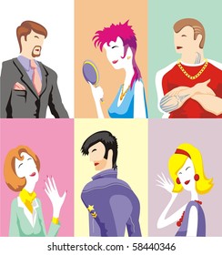 Portraits of six persons different in an age, sex, status, clothes and style.