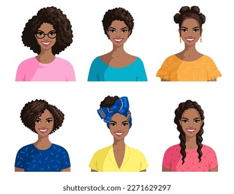 Portraits of smiling African women. A group of dark-skinned women with various afro hairstyles. Beautiful female portraits isolated on white. Great for avatars. Cartoon style, vector.
